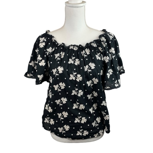 La Vie by Rebecca Taylor | Black White Floral Embroidered Off Shoulder T… - Picture 1 of 9